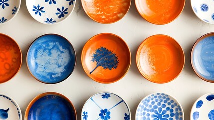 Collection of decorative ceramic plates with blue and orange patterns