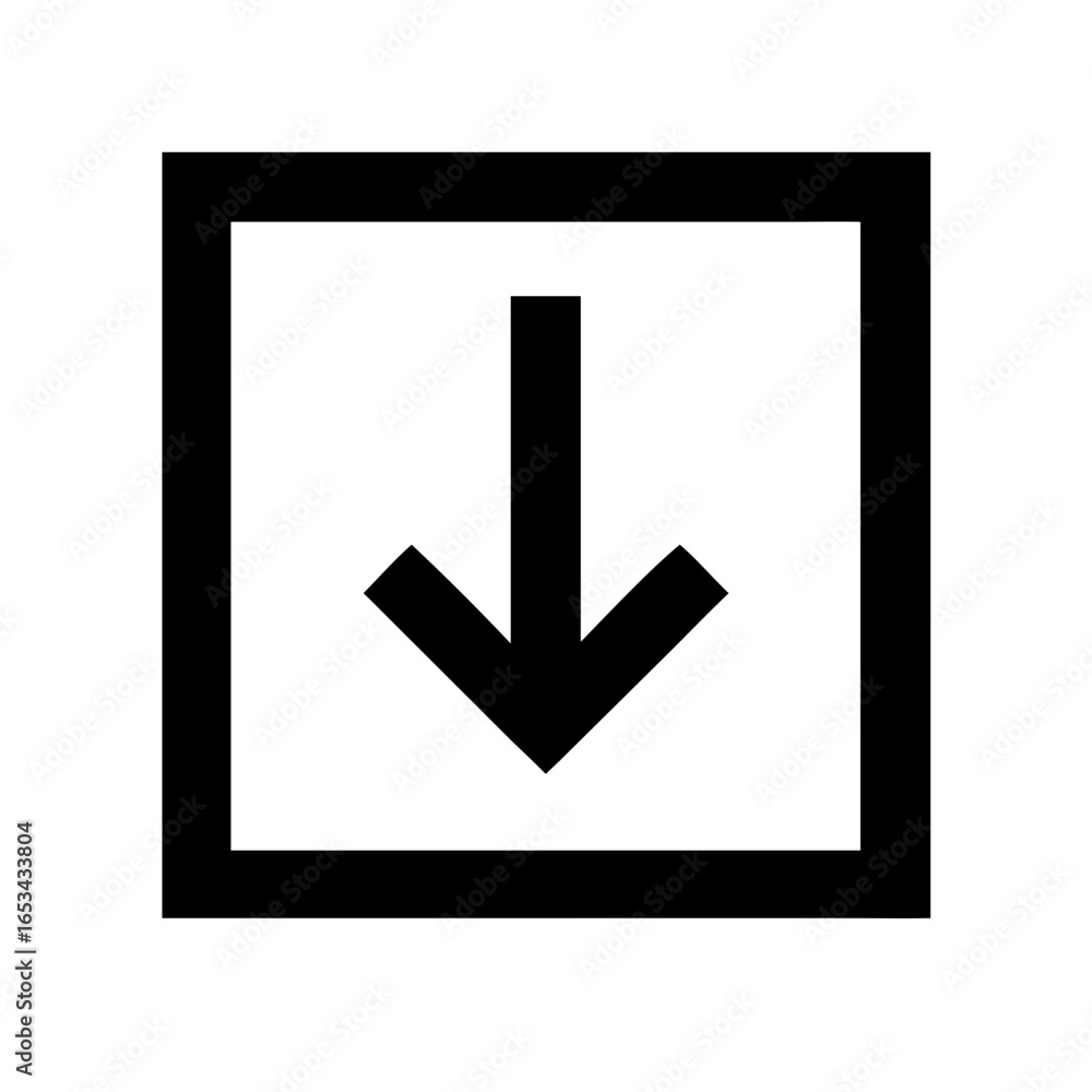 Poster black downward arrow inside a square frame indicating direction or download functionality in a simpl