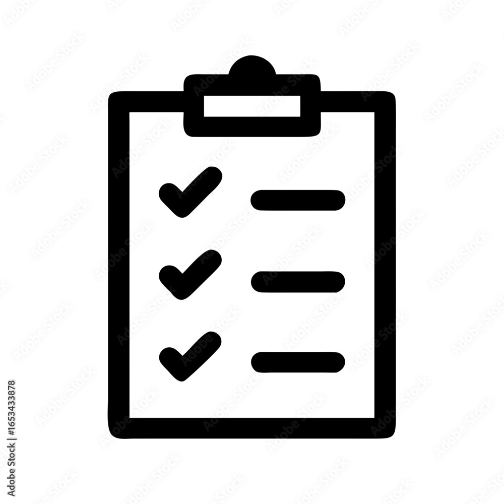 Aufkleber black and white checklist icon with check marks and lines on a clipboard style document design