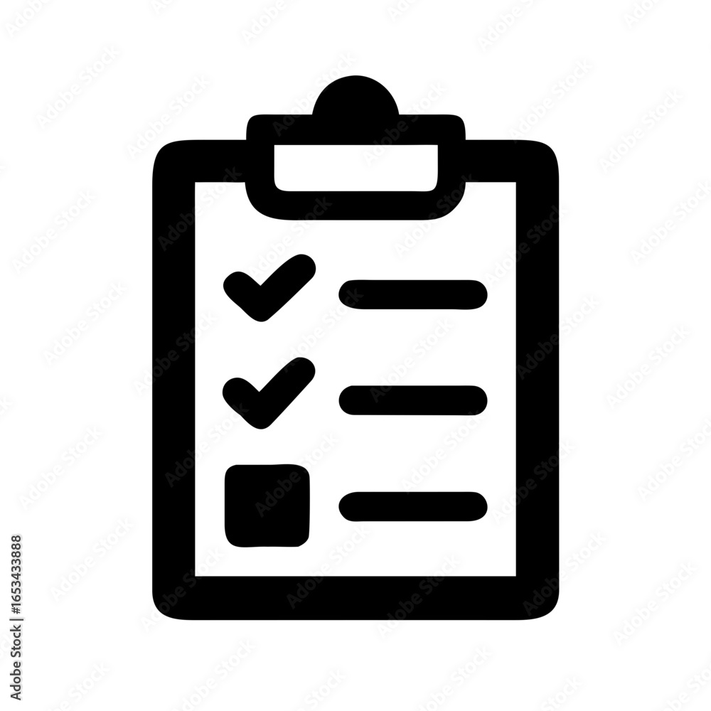 Poster black clipboard icon with two checkmarks and one square filled in next to three horizontal lines