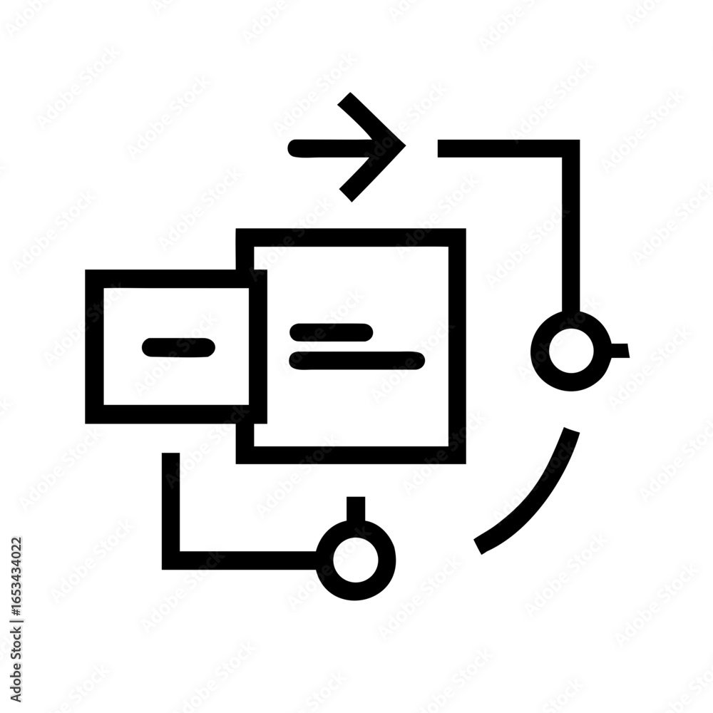 Poster black line art illustration showing a flowchart with boxes circles and an arrow on a white backgroun