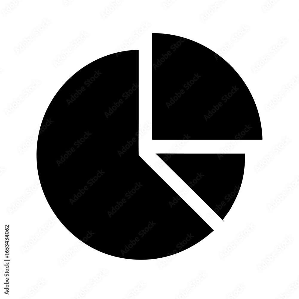 Poster black pie chart with two slices removed on a white background representing data visualization concep