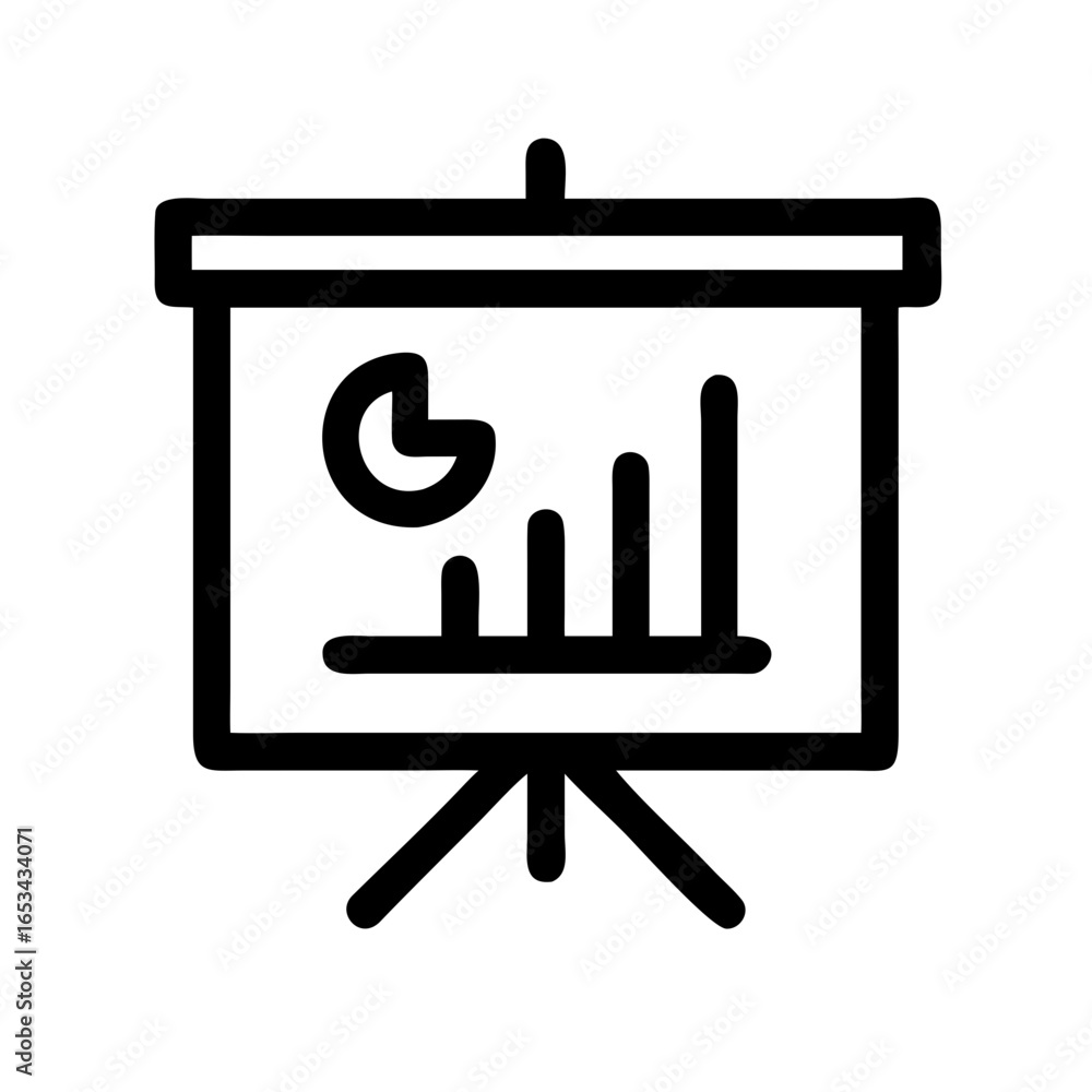 Poster presentation board displaying a pie chart and bar graphs on a stand in a simple line drawing style