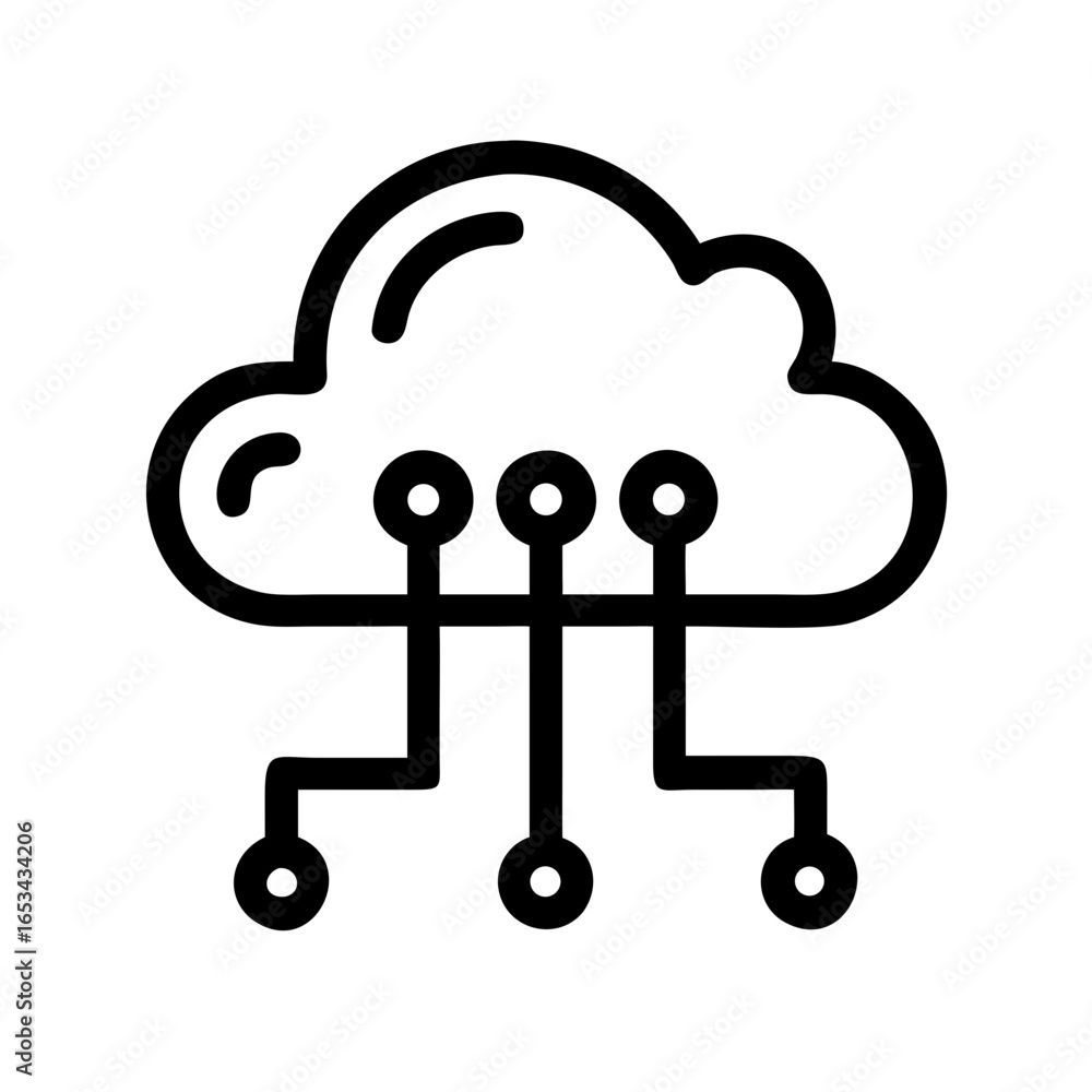 Poster illustration of a cloud connected by lines to three circles representing cloud computing network ico