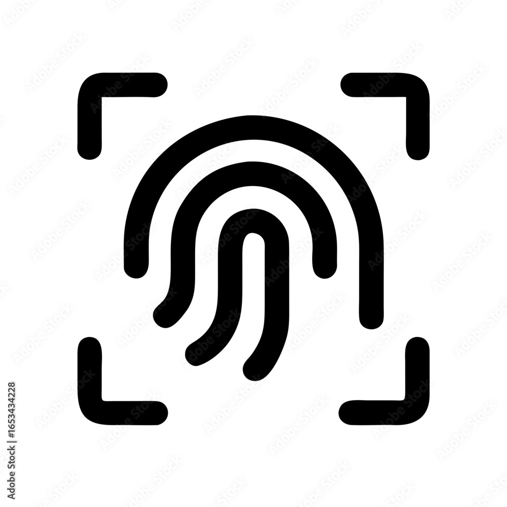 Poster a black fingerprint icon inside a square made of corners is centered on a white background image