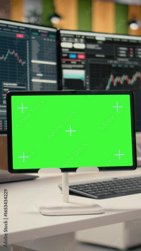 Poster vertical video trading software in prop firm office with graphs on isolated screen tablet. mockup de