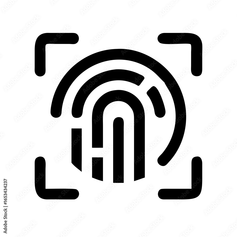 Poster illustration of a biometric fingerprint scan icon with a square border and rounded lines design