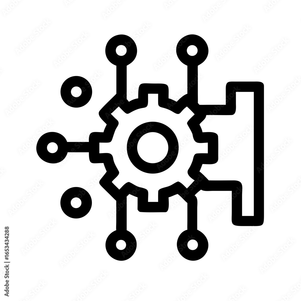 Poster illustration of a gear with connected nodes representing technology and data processing network desi