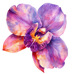 Vibrant watercolor orchid flower in purple orange and pink hues with detailed petals showcasing tropical elegance and exotic beauty