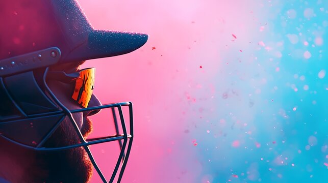 Close up of a cricket player wearing a helmet with colorful smoke