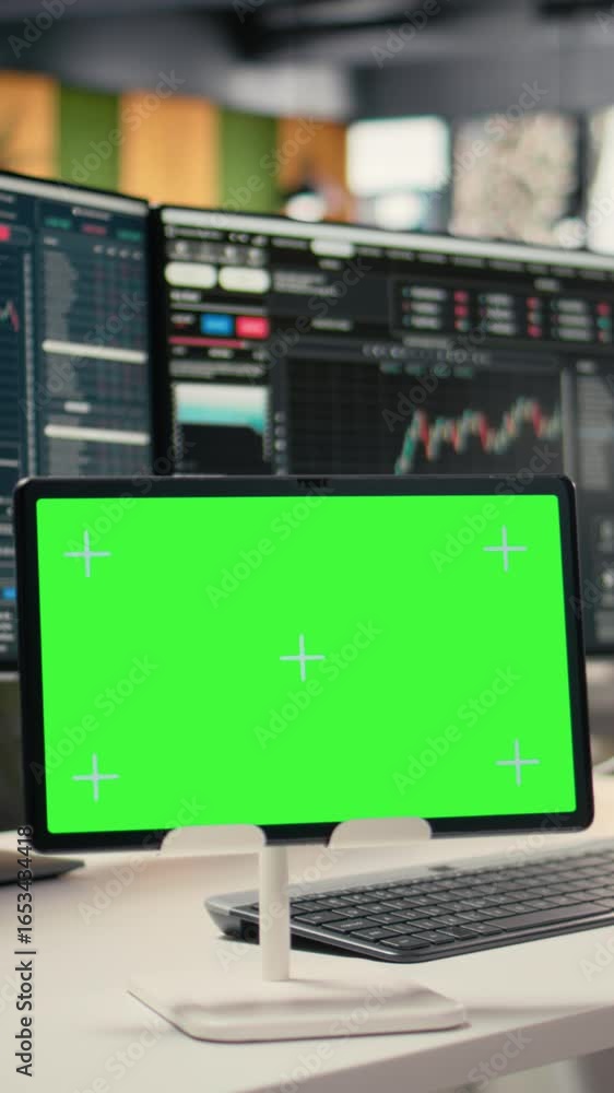 Poster vertical video stock market metrics charts displayed on isolated screen tablet in investment firm of