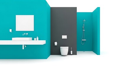 Modern Minimalist Bathroom Design with Teal and Gray Walls Featuring a Sink Toilet and Shower