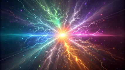 Colorful light explosion with cyan, lime green, magenta, and orange rays, crystalline shards, and glowing particles, producing intense abstract visual energy