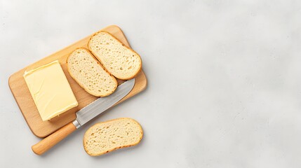 Butter and bread slices on a wooden cutting board with a knife