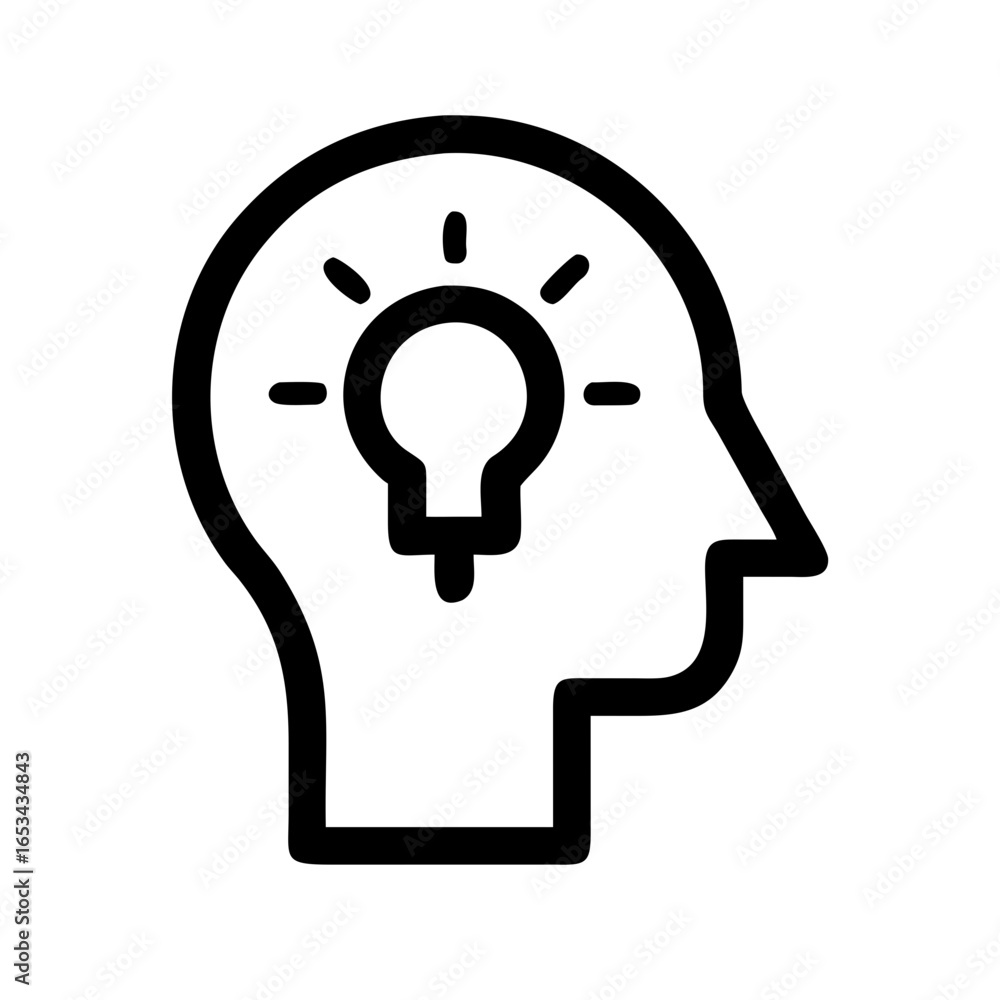 Poster outline of a head with a lightbulb inside representing ideas and innovation in a simple graphic desi