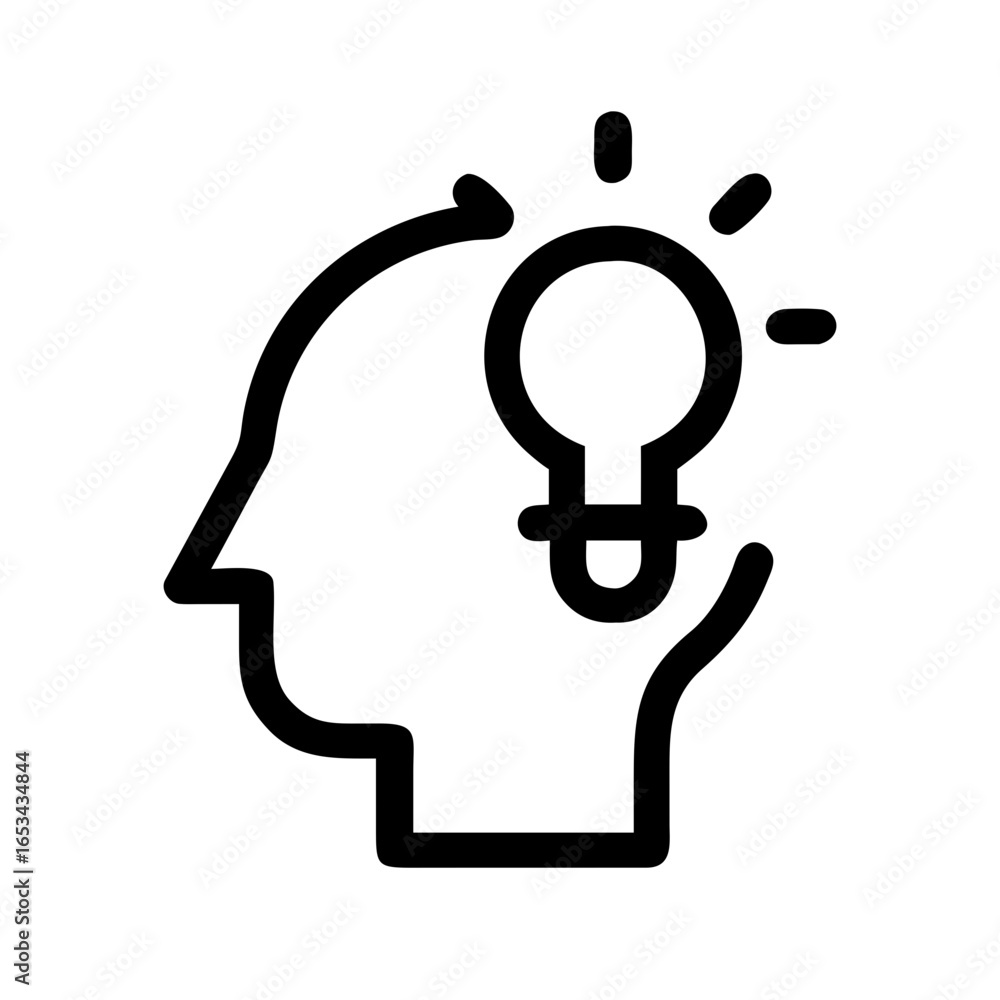 Poster black line art of a head profile with an arrow looping over and a lightbulb inside the head outline