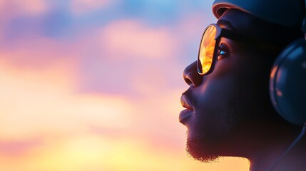 Young person with headphones and sunglasses gazes at a colorful sunset sky