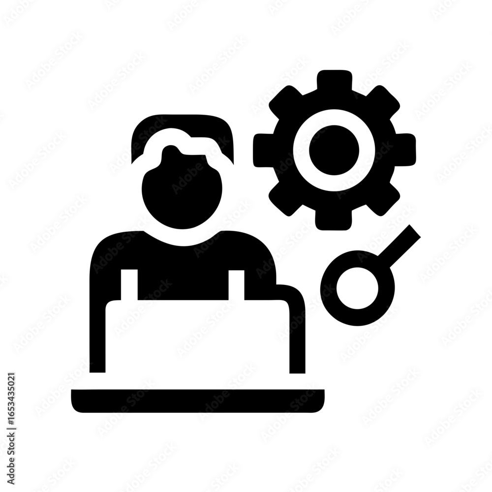 Poster technical support engineer working on laptop with gear icon for mechanical settings concept vector