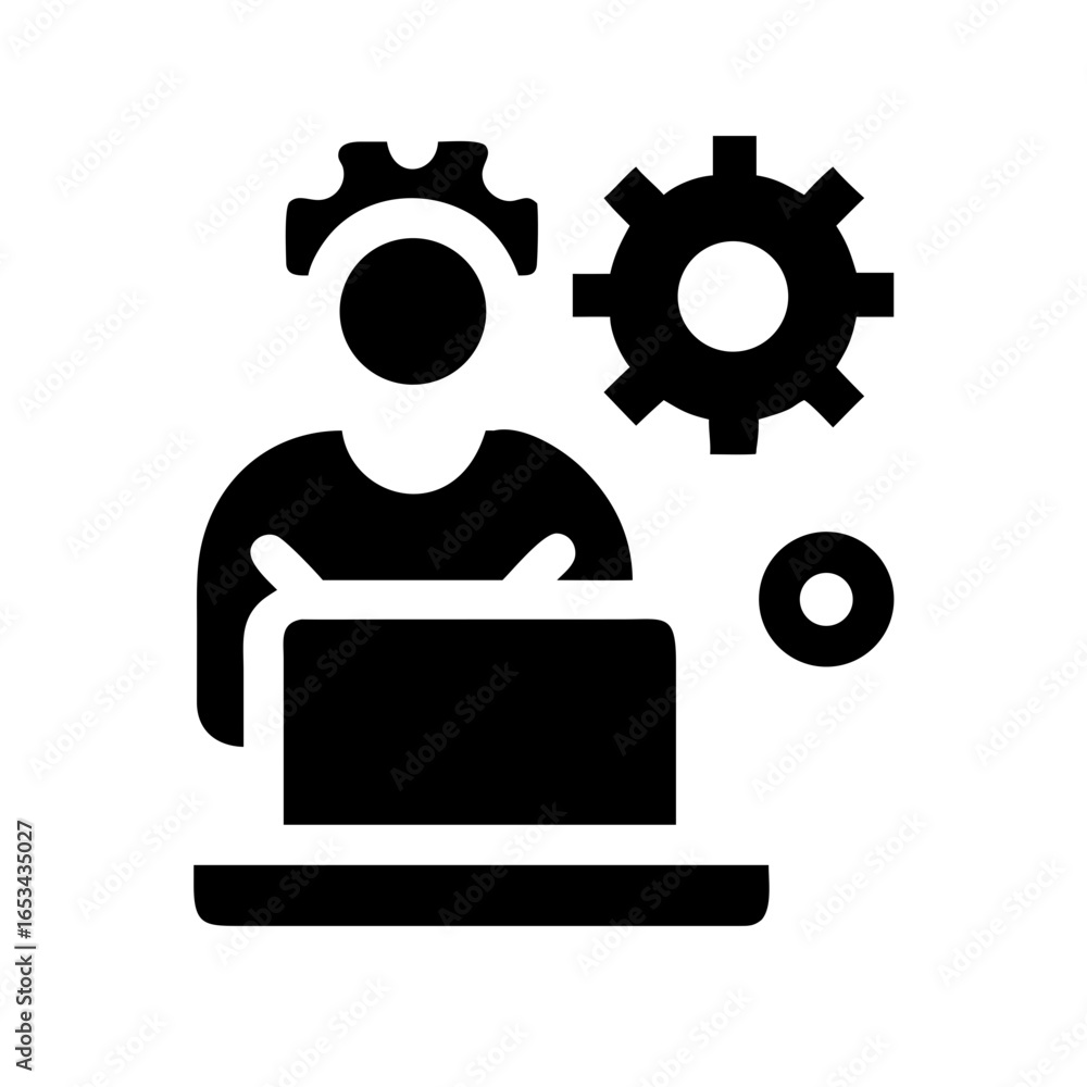 Poster automation engineer working on laptop with gear icon for process and workflow management design icon