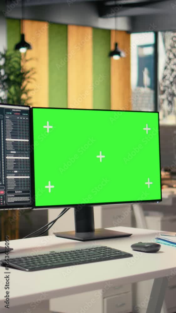 Poster vertical video stock market metrics visualization displayed on green screen pc in proprietary firm o