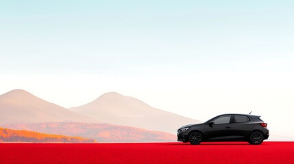 Obraz premium Black suv drives on a vibrant red road with distant mountains