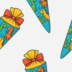 Colorful Cartoon Dinosaur Schultüte – German School Cone with Cute Dino Pattern. Perfect for back-to-school themes, kids’ illustrations, education materials, festive designs, and vector projects. 