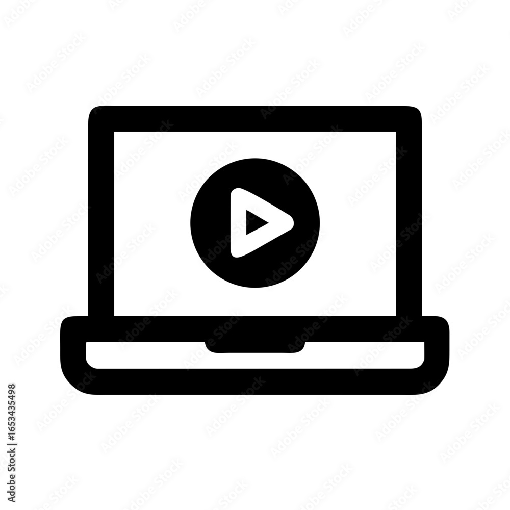 Poster laptop video play button icon for streaming online content and media entertainment on computer devic