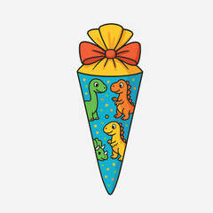 Colorful Cartoon Dinosaur Schultüte. Perfect for back-to-school themes, kids’ illustrations, education materials, festive designs, and vector projects.