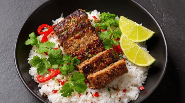 Succulent grilled fish fillet, served on a bed of fluffy white rice and garnished with fresh cilantro, lime wedges, and slivers of red chili pepper, presented in a stylish black bowl