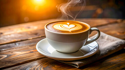 Steaming cup of cappuccino with heart-shaped latte art in white ceramic mug.