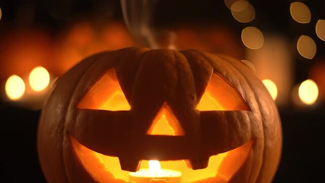Carved pumpkin with glowing candle inside surrounded by blurry lights