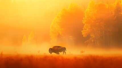 Majestic bison in golden sunrise mist