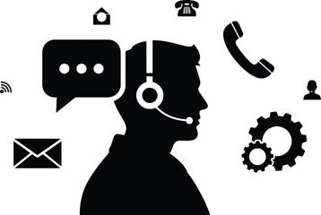 Silhouettes of Customer Support Icons - Headset, Chat Bubble, and More