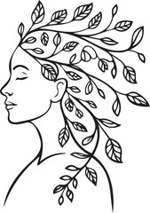 Woman Face Line Art with Leaf Hair