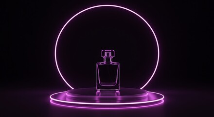 Elegant Perfume Bottle on Modern Neon Display; Purple Glow, Dark Background, Product Presentation, Luxury Fragrance, 3D Render, Minimalist Style, Clean Design, Commercial Use.