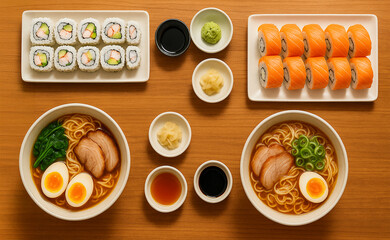 Top view of ramen bowls, sushi rolls, and dipping sauces on wooden table
