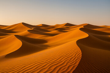 Warm sunset light over wavy golden sand dunes in vast desert landscape