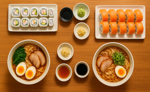 Top view of ramen bowls, sushi rolls, and dipping sauces on wooden table