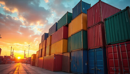 Fototapeta premium Vibrant stack of colorful shipping containers glows under warm sunset light at busy harbor. Rows of red, blue, green, yellow containers create picturesque industrial landscape, signifying global