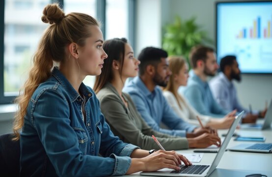 Diverse group trains in bright office setting. New hires take notes during presentation on screen, learning customer service skills. Teamwork, communication, business growth key themes for support