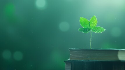 Green sprout growing from an open book symbolizing knowledge and nature