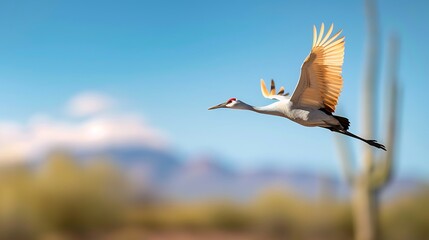 Sandhill crane soars above desert landscape with saguaros
