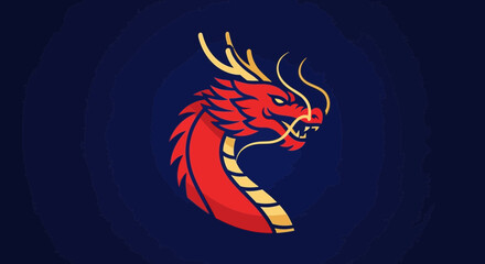 Red dragon head with golden details on dark blue background, mythical creature symbol.