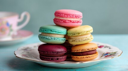 Fototapeta premium Stacked Macarons on Decorative Plate with Tea Cup