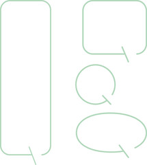 A set of simple speech bubbles for multiple images. Each of these shapes also has a gap in its outline. The square has a gap at the top right, with an arrow pointing downward. Green color.