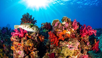 Naklejka premium Vibrant coral reef teeming with fish. Underwater scene