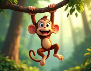 Playful cartoon monkey happily swinging from tree branch in lush jungle forest. This adorable primate character has cheerful expression, big eyes, perfect for children stories or educational content.