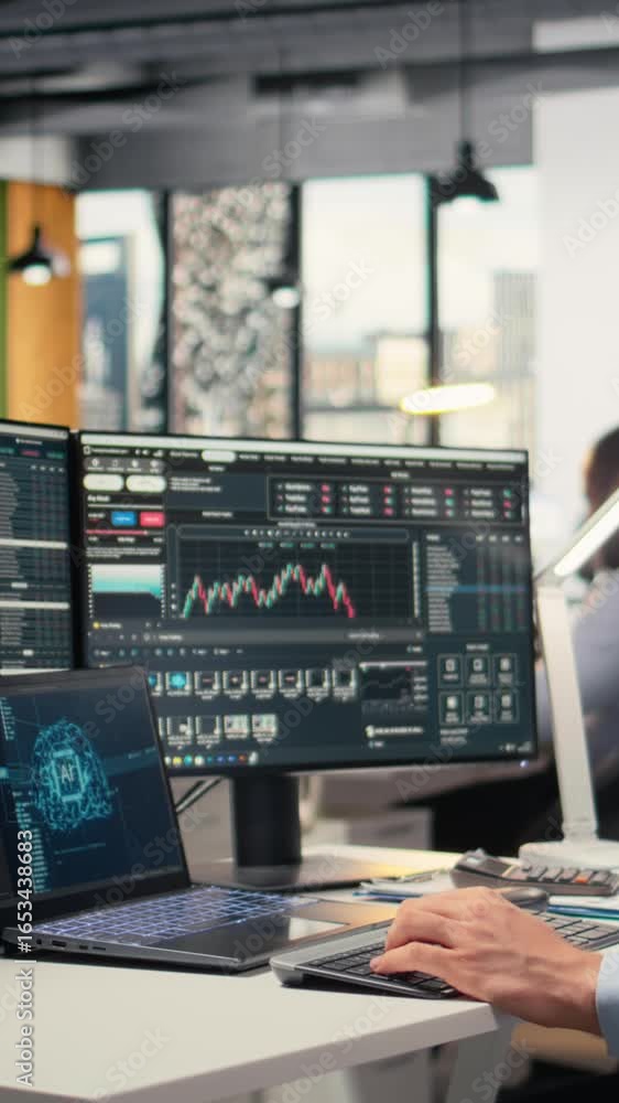 Poster vertical video trader in office leverages artificial intelligence on laptop to interpret charts, opt