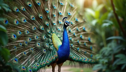 Obraz premium Majestic peacock displays vibrant iridescent fanned tail feathers in dazzling blues, greens, purples. Bird stands in tropical garden with green foliage. Nature, wildlife scene intricate eye patterns