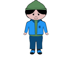 Cute and funny male cartoon character wearing green hat blue jacket